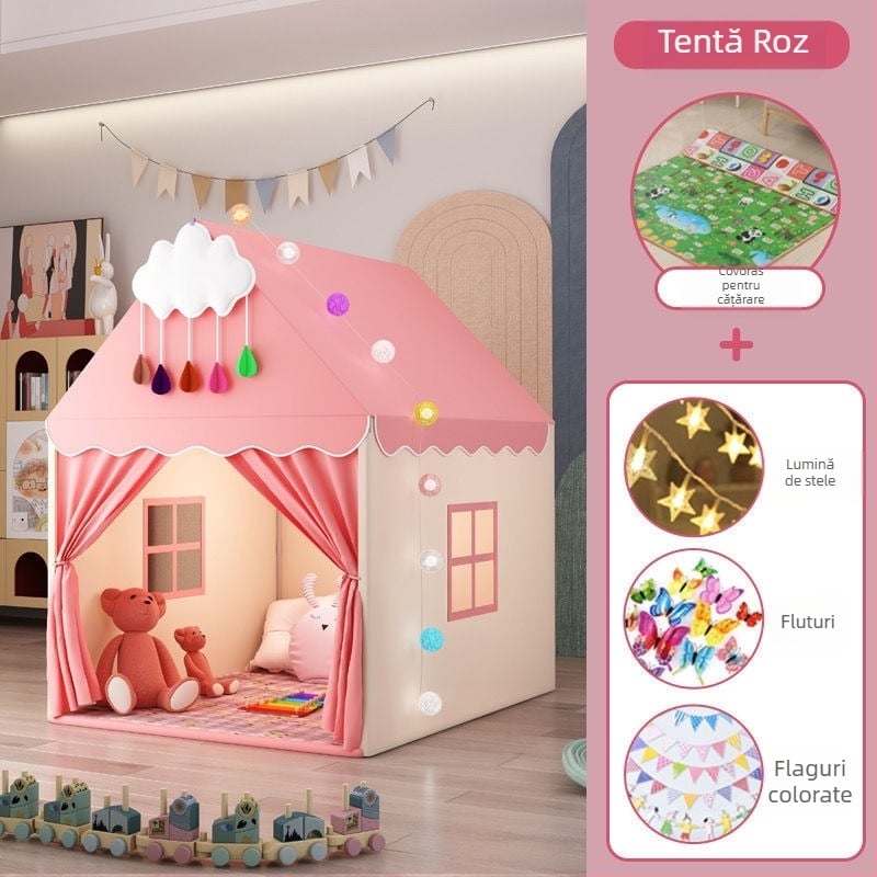Casă de joacă pentru copii, interior, design castel-principesă, structură cu trei straturi, materiale din bumbac, indice de impermeabilitate sub 1000 mm