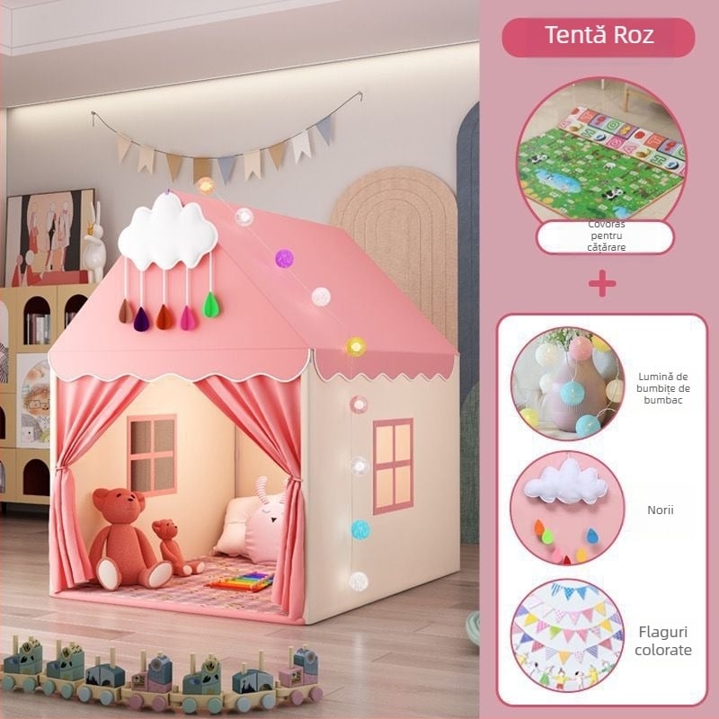 Casă de joacă pentru copii, interior, design castel-principesă, structură cu trei straturi, materiale din bumbac, indice de impermeabilitate sub 1000 mm