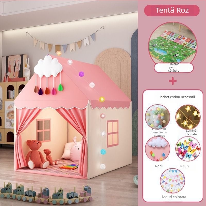 Casă de joacă pentru copii, interior, design castel-principesă, structură cu trei straturi, materiale din bumbac, indice de impermeabilitate sub 1000 mm