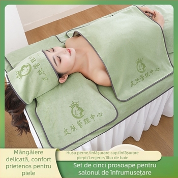 Set de prosoape pentru salonul de înfrumusețare – microfibră, cinci piese, include prosoape mari pentru pat și prosoape pentru cap, personalizare disponibilă și imprimare logo, greutăți 70/150/180/500/600 g