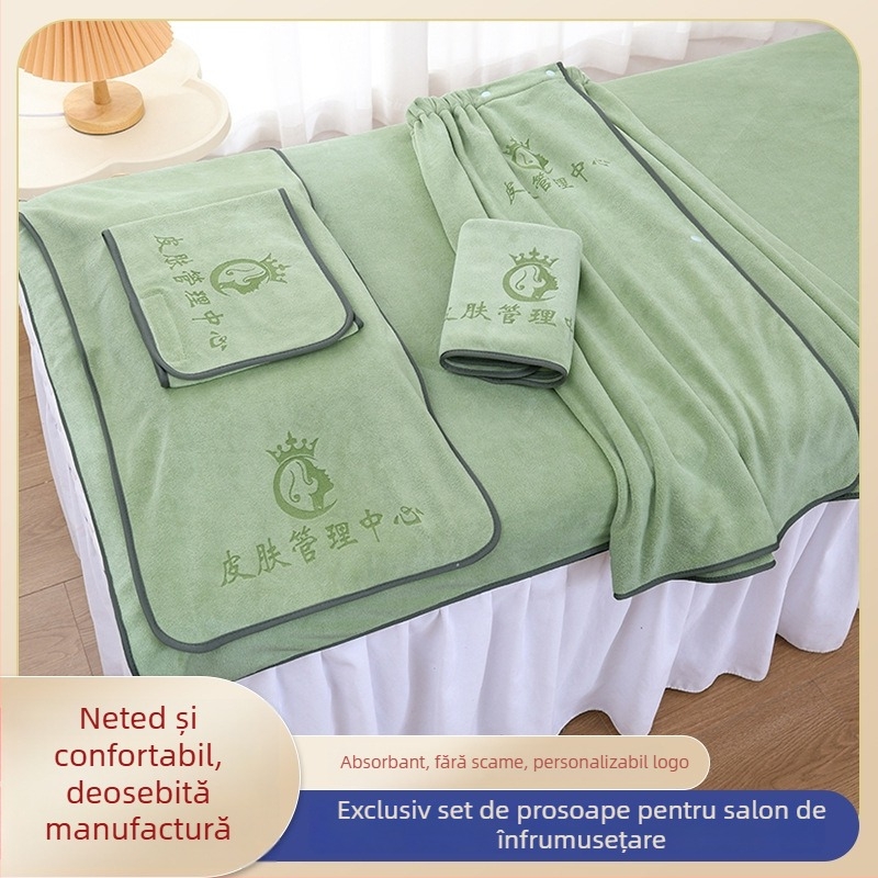 Set de prosoape pentru salonul de înfrumusețare – microfibră, cinci piese, include prosoape mari pentru pat și prosoape pentru cap, personalizare disponibilă și imprimare logo, greutăți 70/150/180/500/600 g
