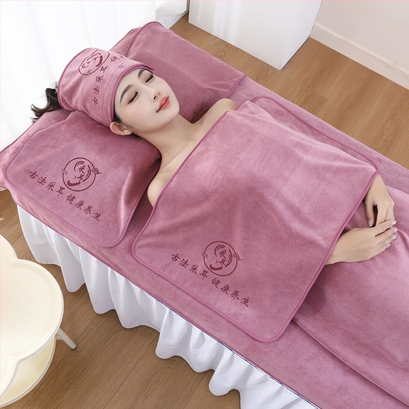 Set de prosoape pentru salonul de înfrumusețare – microfibră, cinci piese, include prosoape mari pentru pat și prosoape pentru cap, personalizare disponibilă și imprimare logo, greutăți 70/150/180/500/600 g