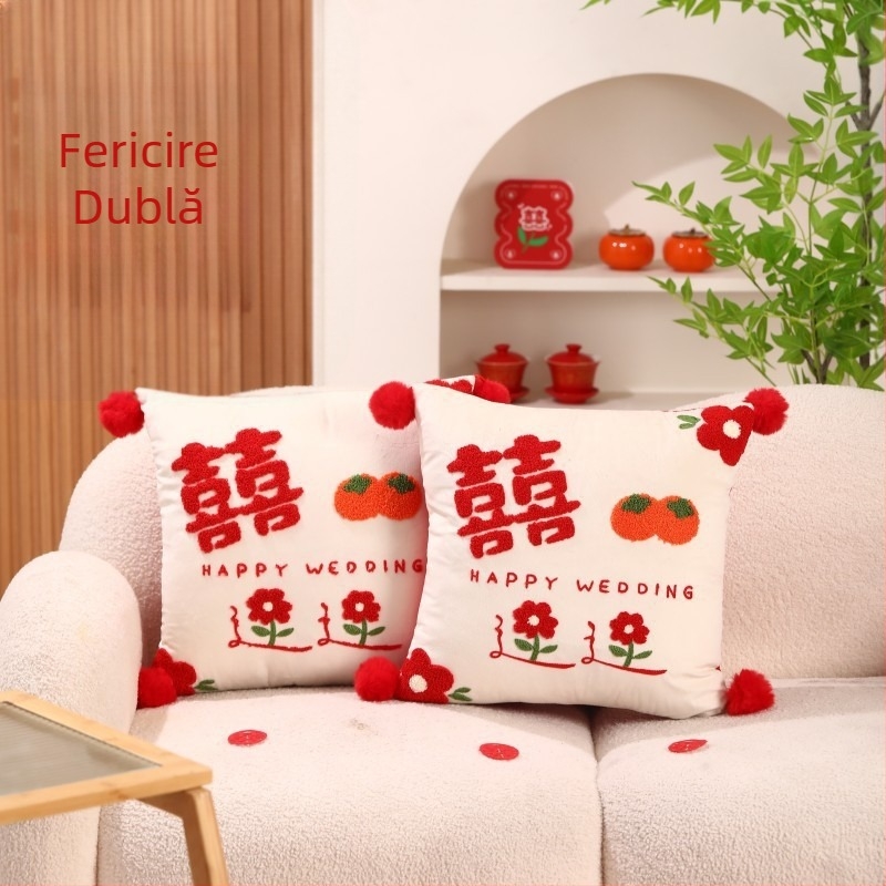 Pereche de perne de nuntă cu Double Happiness pentru decorarea dormitorului proaspăt căsătoriți, țesătură din bumbac, umplutură din bumbac, stil de nuntă