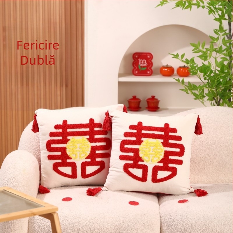 Pereche de perne de nuntă cu Double Happiness pentru decorarea dormitorului proaspăt căsătoriți, țesătură din bumbac, umplutură din bumbac, stil de nuntă
