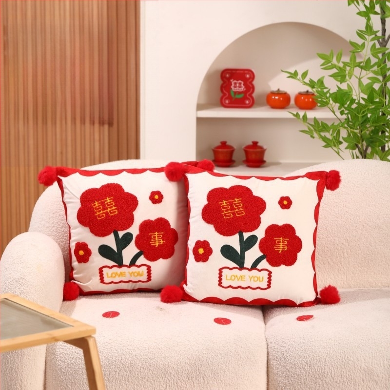 Pereche de perne de nuntă cu Double Happiness pentru decorarea dormitorului proaspăt căsătoriți, țesătură din bumbac, umplutură din bumbac, stil de nuntă