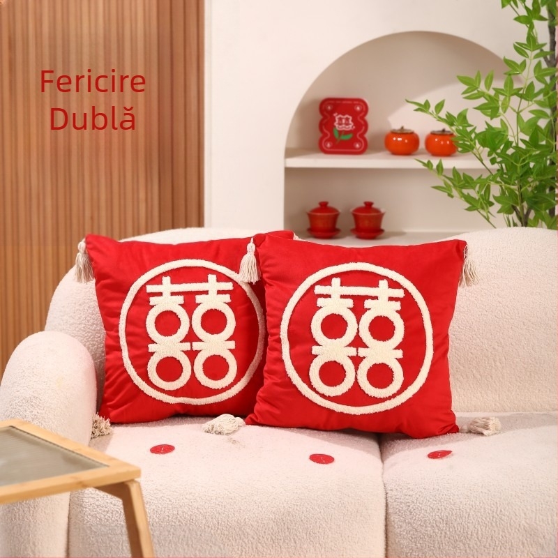 Pereche de perne de nuntă cu Double Happiness pentru decorarea dormitorului proaspăt căsătoriți, țesătură din bumbac, umplutură din bumbac, stil de nuntă