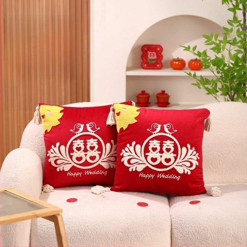 Pereche de perne de nuntă cu Double Happiness pentru decorarea dormitorului proaspăt căsătoriți, țesătură din bumbac, umplutură din bumbac, stil de nuntă