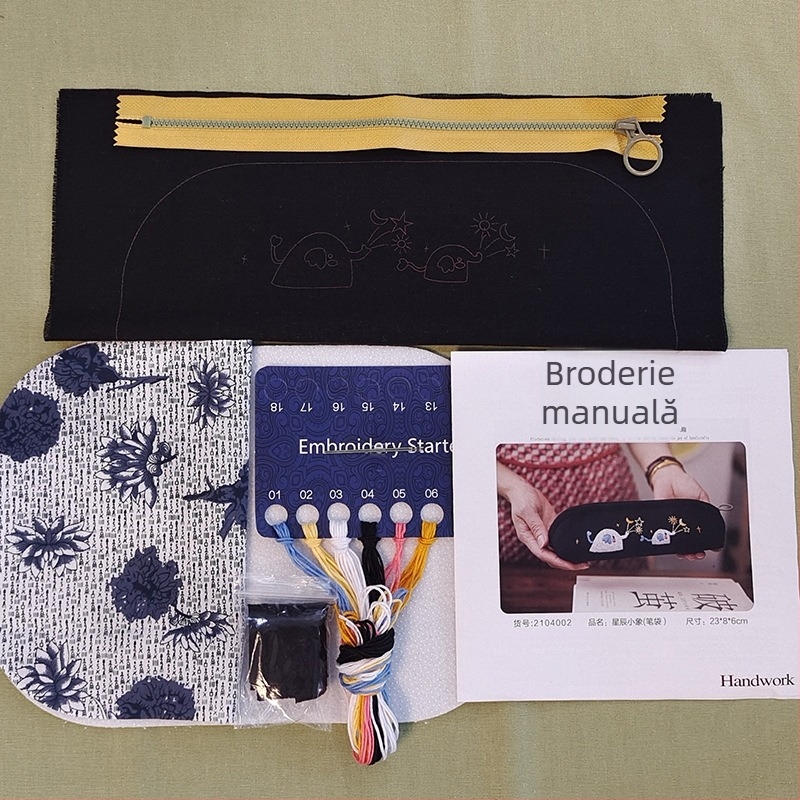 Geantă pentru creioane Jinhao — kit de broderie încrucișată, stil pastoral, bumbac și in, model plante și flori