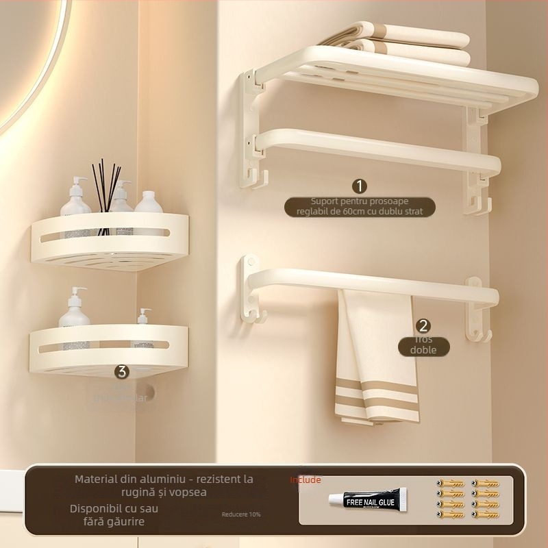 Set de suport pentru prosoape de baie, montat pe perete, 2 etaje, finisaj din plastic pulverizat, material: floare de mătase