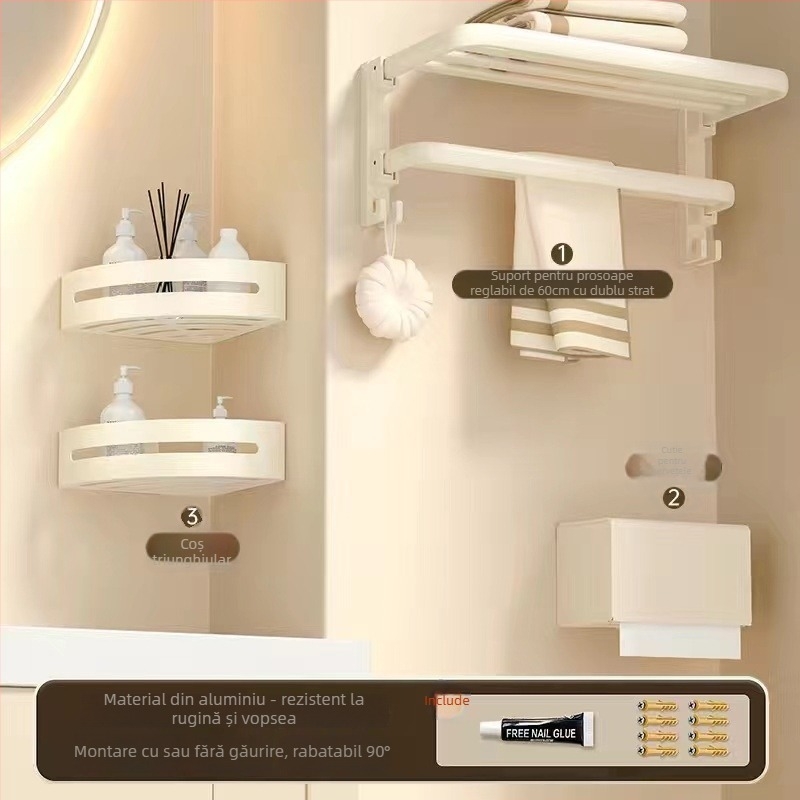 Set de suport pentru prosoape de baie, montat pe perete, 2 etaje, finisaj din plastic pulverizat, material: floare de mătase