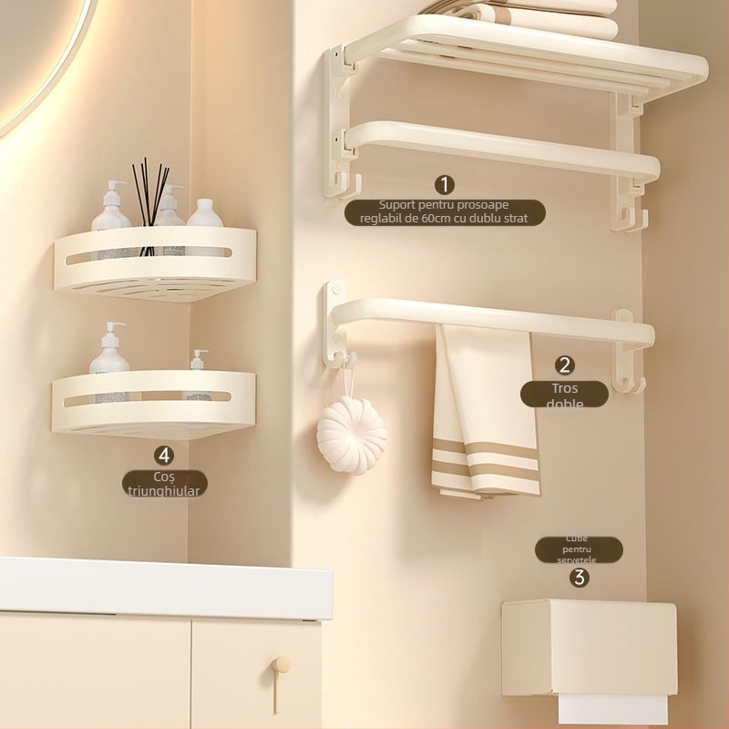 Set de suport pentru prosoape de baie, montat pe perete, 2 etaje, finisaj din plastic pulverizat, material: floare de mătase