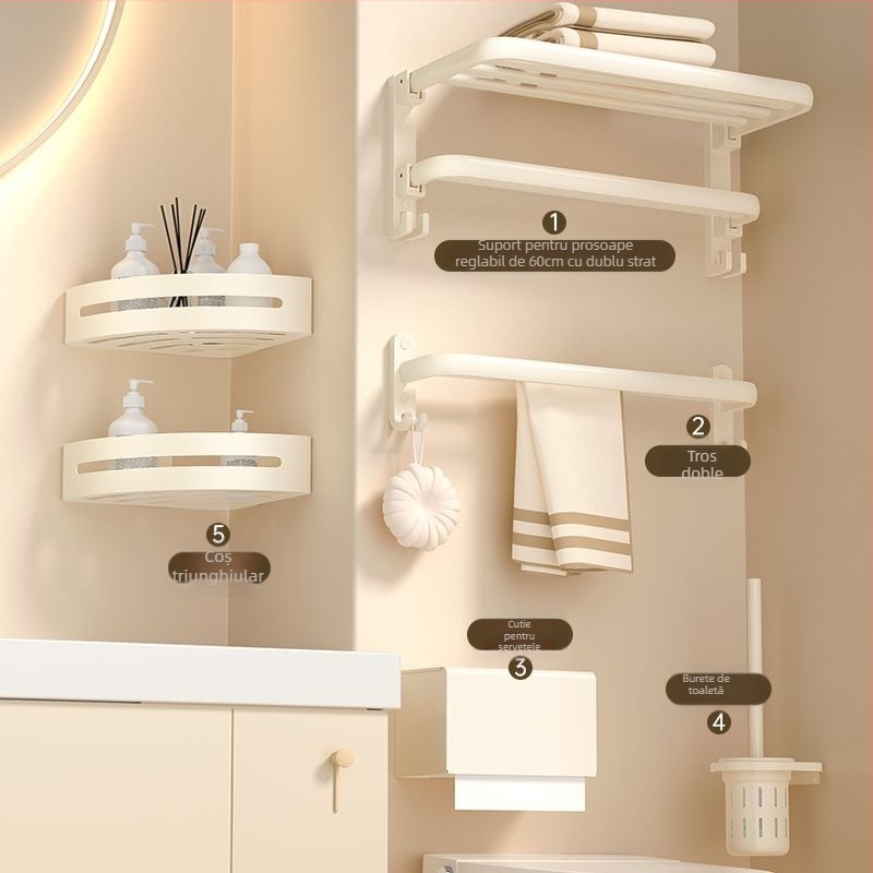 Set de suport pentru prosoape de baie, montat pe perete, 2 etaje, finisaj din plastic pulverizat, material: floare de mătase