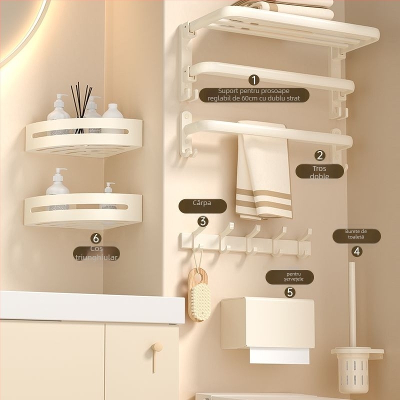 Set de suport pentru prosoape de baie, montat pe perete, 2 etaje, finisaj din plastic pulverizat, material: floare de mătase