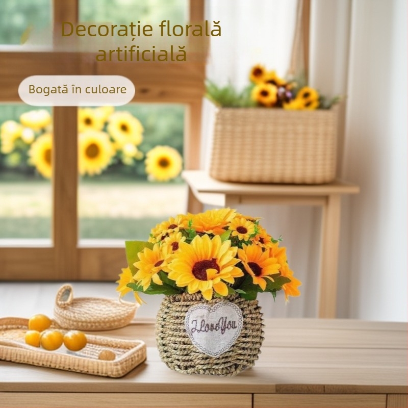 Buchet de flori artificiale cu floarea-soarelui, material de mătase, finisaj la atingere moale, decor pentru casă