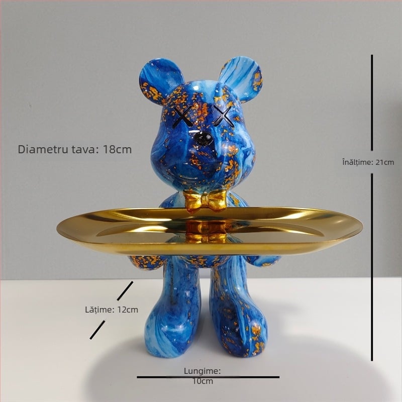 Decorațiune tip farfurie din rășină cu ursuleț desen animat, stil light luxury, finisaj pictat manual, depozitare multifuncțională de chei pentru hol și sufragerie