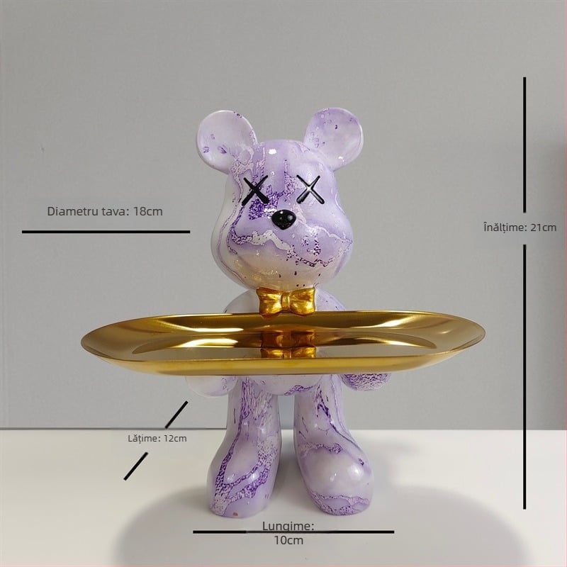 Decorațiune tip farfurie din rășină cu ursuleț desen animat, stil light luxury, finisaj pictat manual, depozitare multifuncțională de chei pentru hol și sufragerie