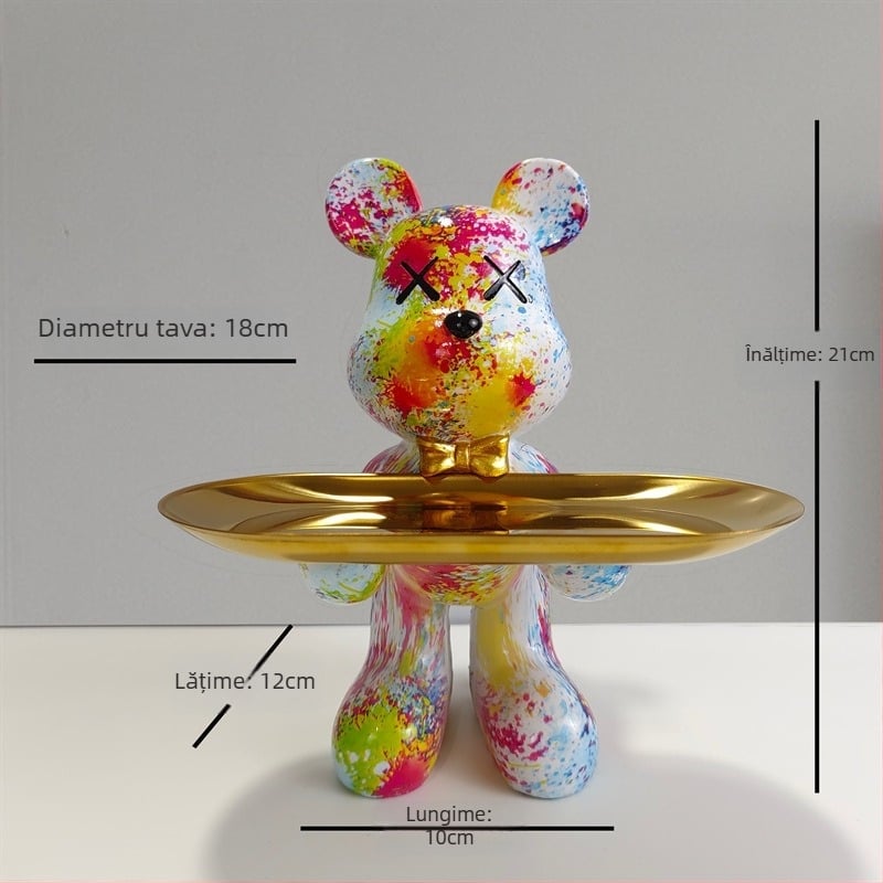 Decorațiune tip farfurie din rășină cu ursuleț desen animat, stil light luxury, finisaj pictat manual, depozitare multifuncțională de chei pentru hol și sufragerie