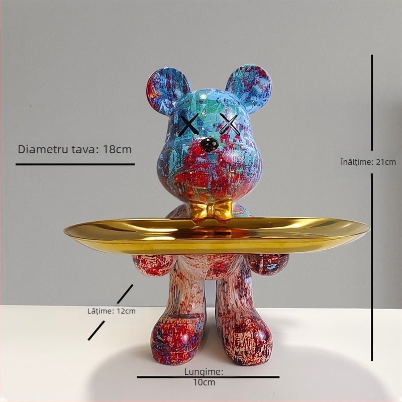 Decorațiune tip farfurie din rășină cu ursuleț desen animat, stil light luxury, finisaj pictat manual, depozitare multifuncțională de chei pentru hol și sufragerie