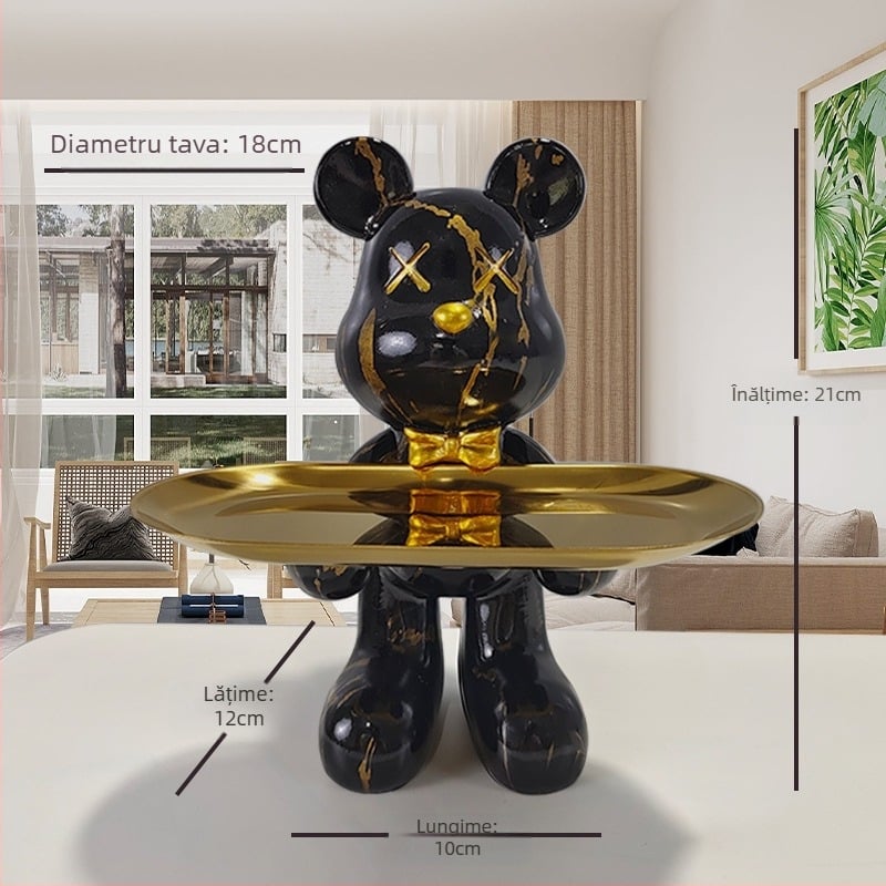 Decorațiune tip farfurie din rășină cu ursuleț desen animat, stil light luxury, finisaj pictat manual, depozitare multifuncțională de chei pentru hol și sufragerie