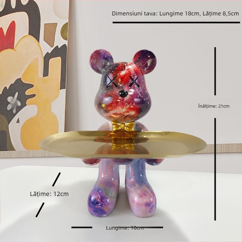 Decorațiune tip farfurie din rășină cu ursuleț desen animat, stil light luxury, finisaj pictat manual, depozitare multifuncțională de chei pentru hol și sufragerie