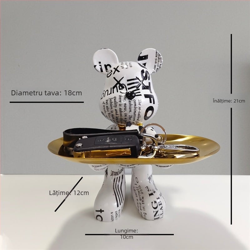 Decorațiune tip farfurie din rășină cu ursuleț desen animat, stil light luxury, finisaj pictat manual, depozitare multifuncțională de chei pentru hol și sufragerie