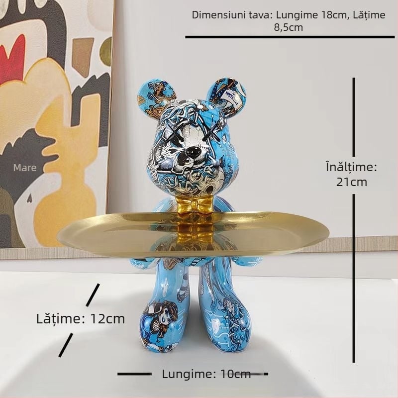 Decorațiune tip farfurie din rășină cu ursuleț desen animat, stil light luxury, finisaj pictat manual, depozitare multifuncțională de chei pentru hol și sufragerie