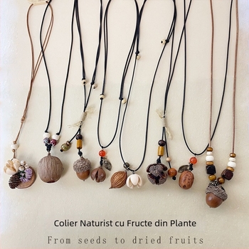 Lanț lung pentru pulover, cu elemente din lemn, în stil etnic, colier tricotat din bumbac și in — Material: colier din fructe ale plantelor; Tip șnur: șnur de piele; Tip: lanț pentru pulover, colier lung; Stil: unisex, natură; Extensie lanț: 11 cm sau mai