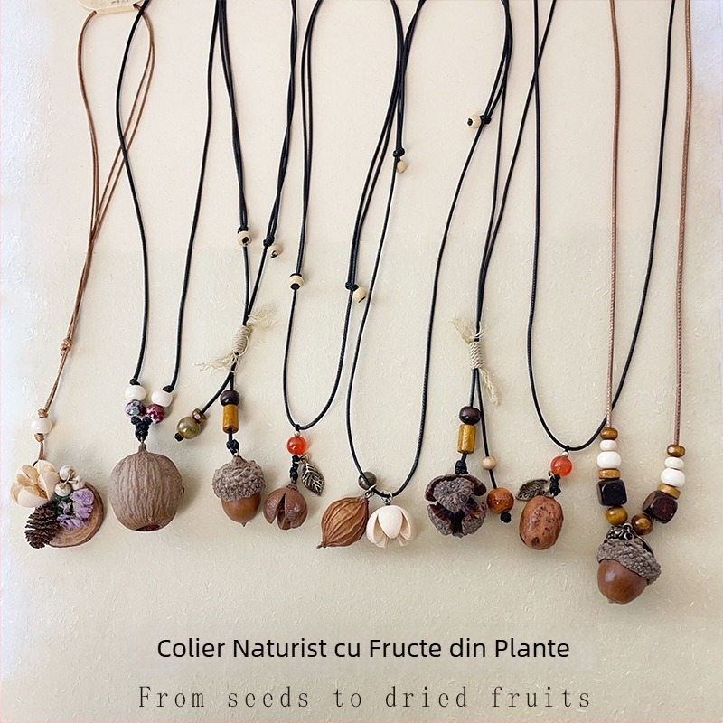 Lanț lung pentru pulover, cu elemente din lemn, în stil etnic, colier tricotat din bumbac și in — Material: colier din fructe ale plantelor; Tip șnur: șnur de piele; Tip: lanț pentru pulover, colier lung; Stil: unisex, natură; Extensie lanț: 11 cm sau mai 