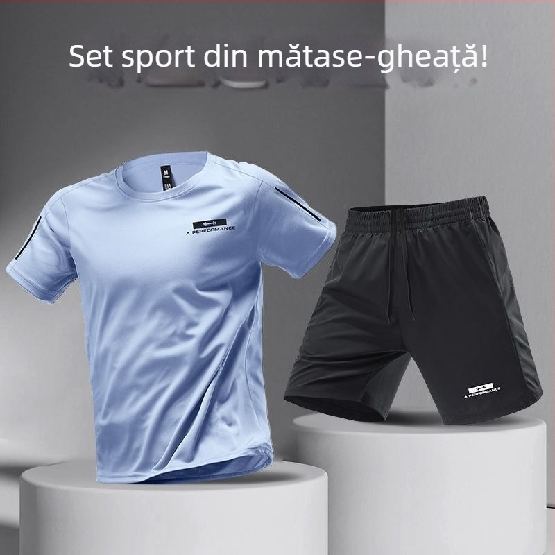 Set sport Ice Silk pentru bărbați – tricou de alergare cu uscare rapidă și șorturi lejere