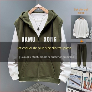 Set casual de toamnă pentru bărbați, plus size: pantaloni, vestă cu glugă fără mâneci și cardigan fără mâneci, bumbac-poliester