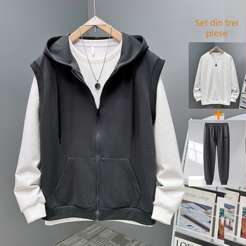 Set casual de toamnă pentru bărbați, plus size: pantaloni, vestă cu glugă fără mâneci și cardigan fără mâneci, bumbac-poliester