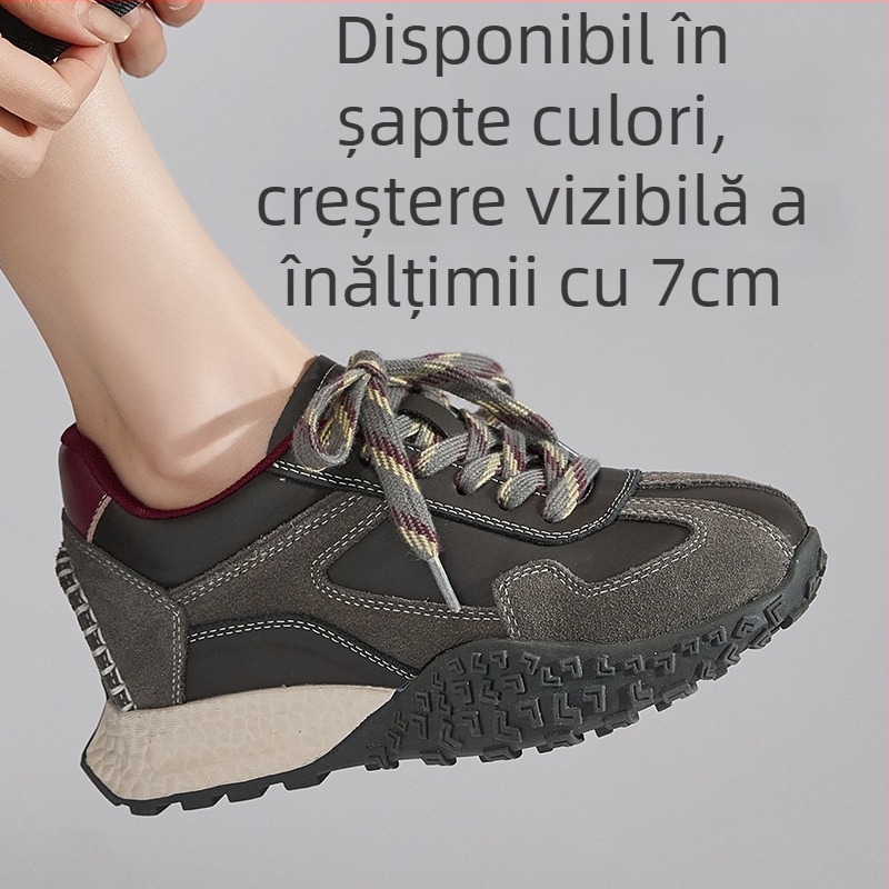 Pantofi sport cu platformă pentru femei — Ridicare ascunsă de 7 cm, partea superioară medie deasupra gleznelor, Material: piele de porc + piele sintetică + țesătură, Talpă interioară: piele de porc + latex, Talpă: cauciuc