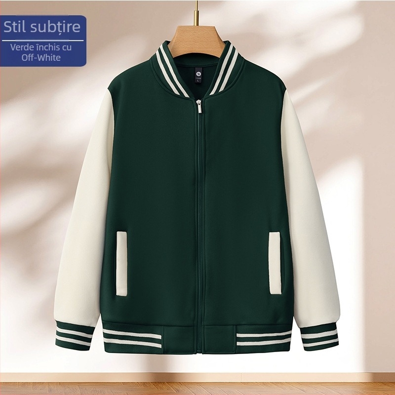 Jachetă baseball cu model bloc, fermoar, guler înălțat, croială lejeră, imprimare logo