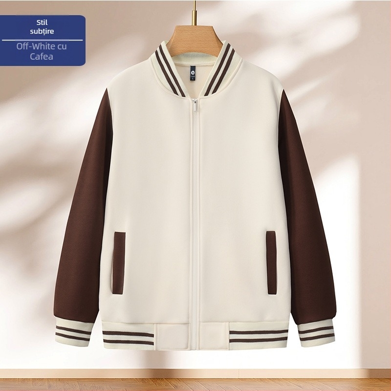 Jachetă baseball cu model bloc, fermoar, guler înălțat, croială lejeră, imprimare logo