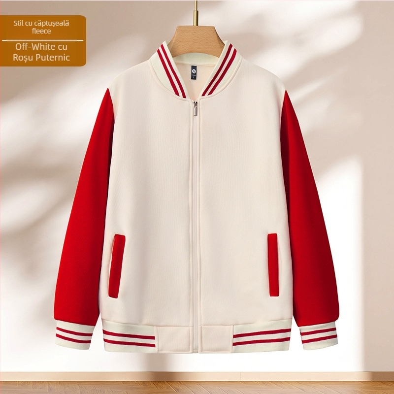 Jachetă baseball cu model bloc, fermoar, guler înălțat, croială lejeră, imprimare logo