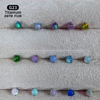 Cercei unisex geometrici cu opal din aliaj de titan F136, finisaj lustruit, filet intern pentru buze/urechi