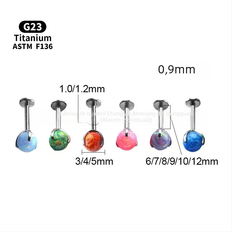 Cercei unisex geometrici cu opal din aliaj de titan F136, finisaj lustruit, filet intern pentru buze/urechi