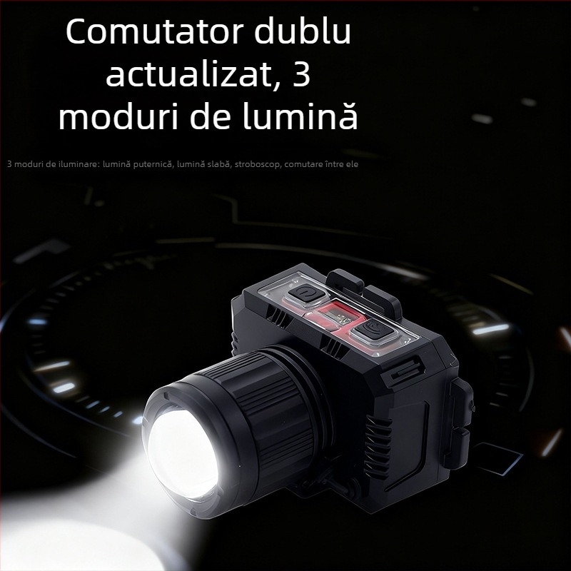 Lămpă frontală LED reîncărcabilă pentru exterior cu rotație la 360°, 1W, baterie de 500 mAh, rază fascicul 100–200 m