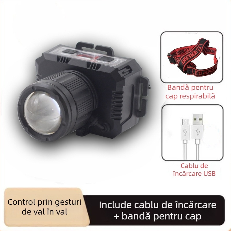 Lămpă frontală LED reîncărcabilă pentru exterior cu rotație la 360°, 1W, baterie de 500 mAh, rază fascicul 100–200 m