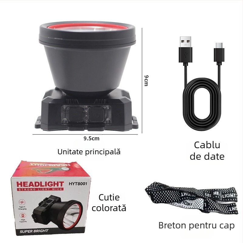 Lămpă frontală LED reîncărcabilă pentru exterior cu rotație la 360°, 1W, baterie de 500 mAh, rază fascicul 100–200 m