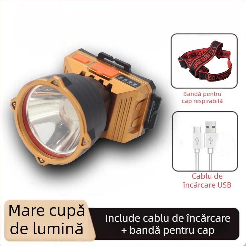 Lămpă frontală LED reîncărcabilă pentru exterior cu rotație la 360°, 1W, baterie de 500 mAh, rază fascicul 100–200 m