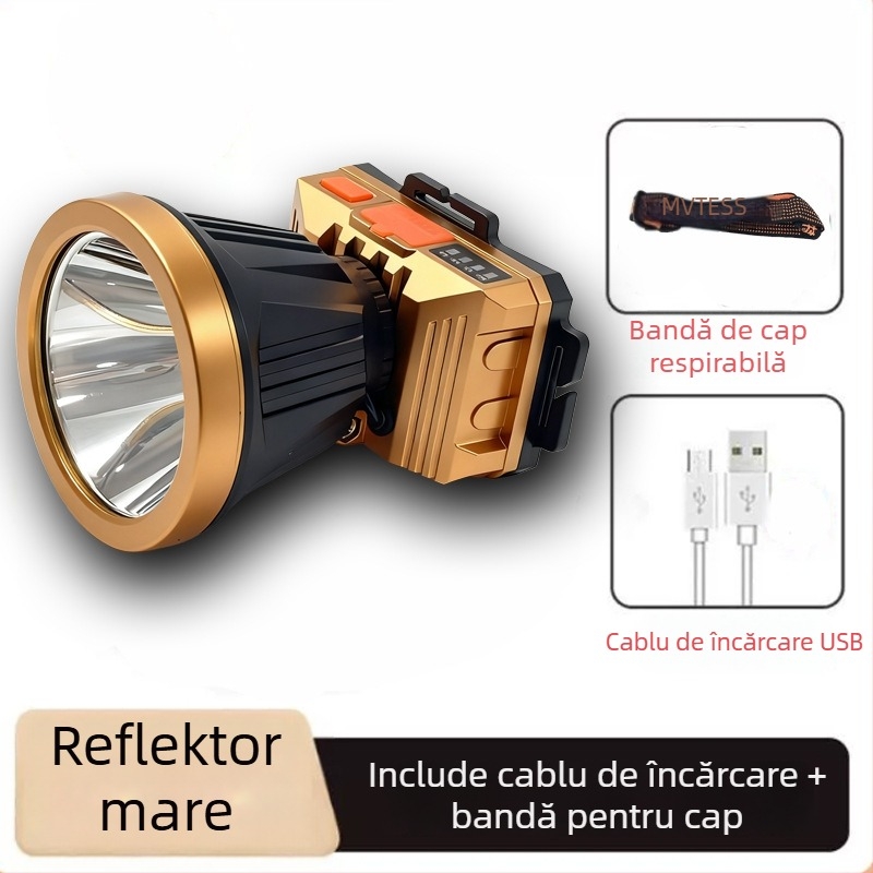Lămpă frontală LED reîncărcabilă pentru exterior cu rotație la 360°, 1W, baterie de 500 mAh, rază fascicul 100–200 m