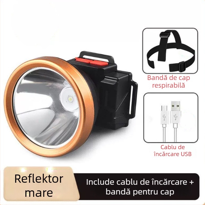 Lămpă frontală LED reîncărcabilă pentru exterior cu rotație la 360°, 1W, baterie de 500 mAh, rază fascicul 100–200 m