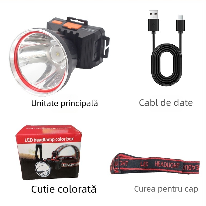 Lămpă frontală LED reîncărcabilă pentru exterior cu rotație la 360°, 1W, baterie de 500 mAh, rază fascicul 100–200 m