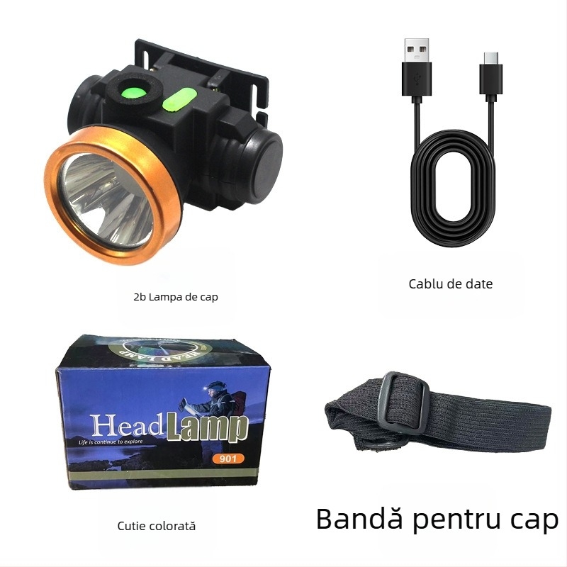 Lămpă frontală LED reîncărcabilă pentru exterior cu rotație la 360°, 1W, baterie de 500 mAh, rază fascicul 100–200 m