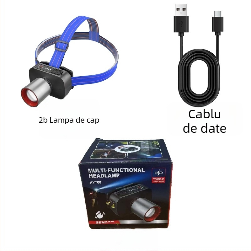Lămpă frontală LED reîncărcabilă pentru exterior cu rotație la 360°, 1W, baterie de 500 mAh, rază fascicul 100–200 m