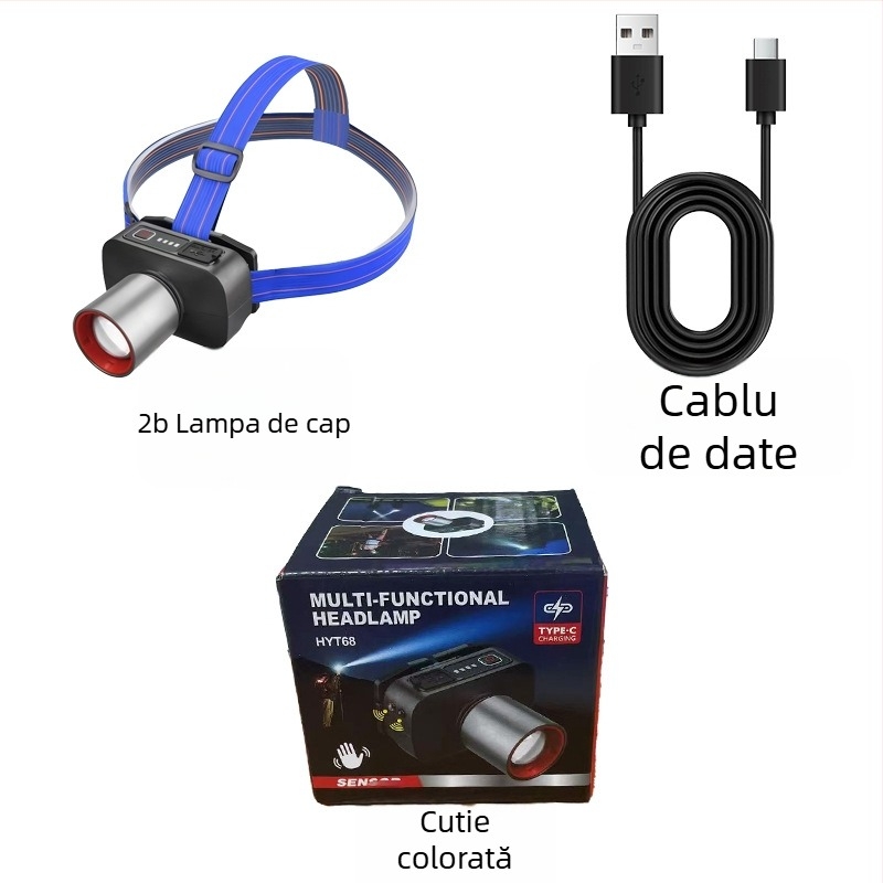 Lămpă frontală LED reîncărcabilă pentru exterior cu rotație la 360°, 1W, baterie de 500 mAh, rază fascicul 100–200 m