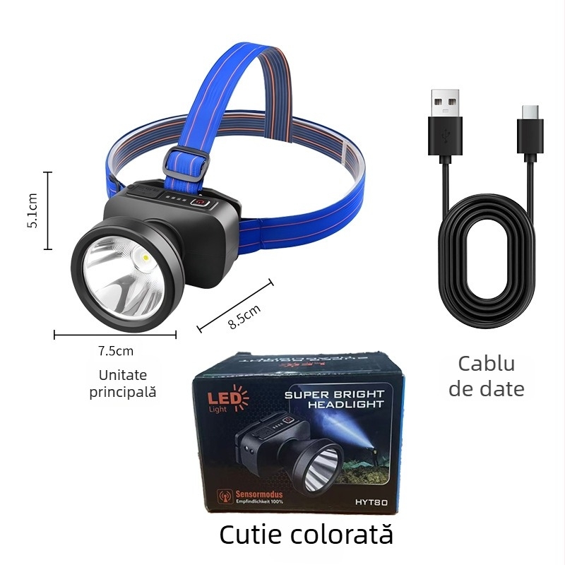 Lămpă frontală LED reîncărcabilă pentru exterior cu rotație la 360°, 1W, baterie de 500 mAh, rază fascicul 100–200 m