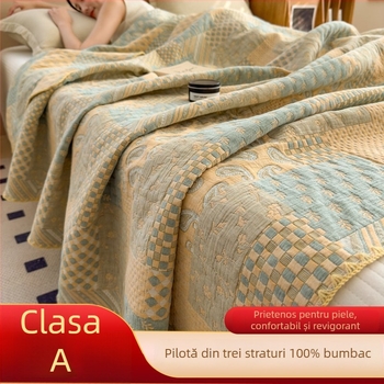 Cuvertură din bumbac 100%, trei straturi, umplutură poliester, cusături quilted, vopsire reactiva, greutate 1.2–1.5 kg, stil Nordic
