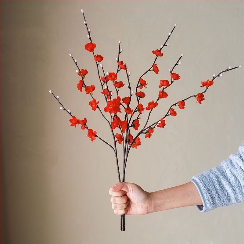 Ramură artificială cu flori de prun din mătase, pentru decor acasă, cu stilizare și textură imprimată 3D